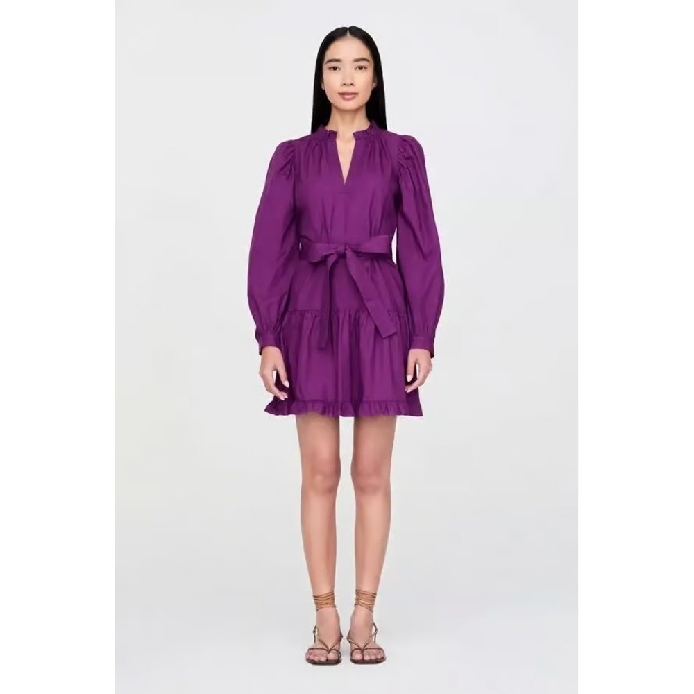 New Marie Oliver size M Nella dress long sleeve ruffled plum cotton poplin Read